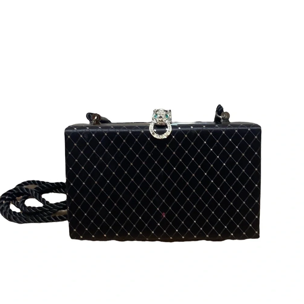 Kenneth Jay Lane ladies satin leopard kiss clutch purse